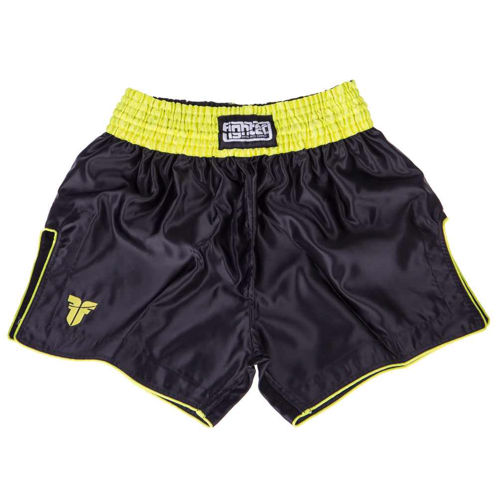 Short de boxe thaï Bangkok Plain noir/jaune fluo - FP10