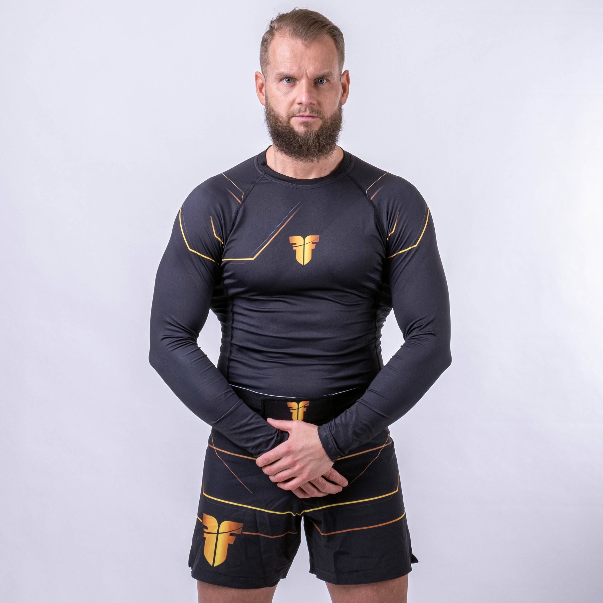 T-shirt Fighter Rashguard Lines Gold, noir/or - FRSG-LNG - Fighter Sport