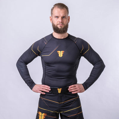 T-shirt Fighter Rashguard Lines Gold, noir/or - FRSG-LNG - Fighter Sport